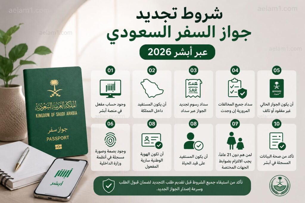 إنفوجرافيك يوضح شروط تجديد جواز السفر السعودي عبر منصة أبشر لعام 2026