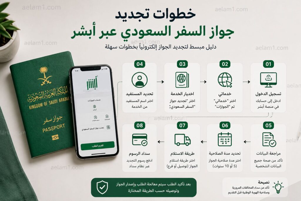 إنفوجرافيك يوضح خطوات تجديد جواز السفر السعودي إلكترونيًا عبر منصة أبشر لعام 2026