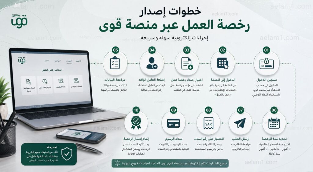 إنفوجرافيك يوضح خطوات إصدار رخصة العمل للعمالة الوافدة والمهنية عبر منصة قوى في المملكة العربية السعودية