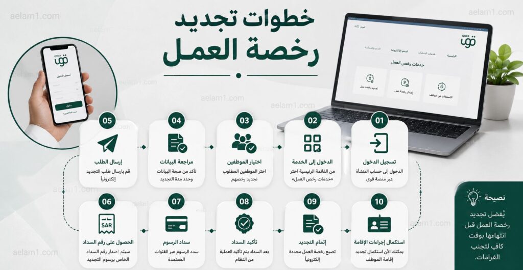 إنفوجرافيك يوضح خطوات تجديد رخصة العمل للعمالة الوافدة عبر منصة قوى في المملكة العربية السعودية